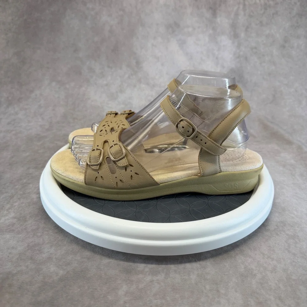 SAS Tripad Comfort Sandals Women 9.5 N Tan Leather Laser Cut Strappy Wedge